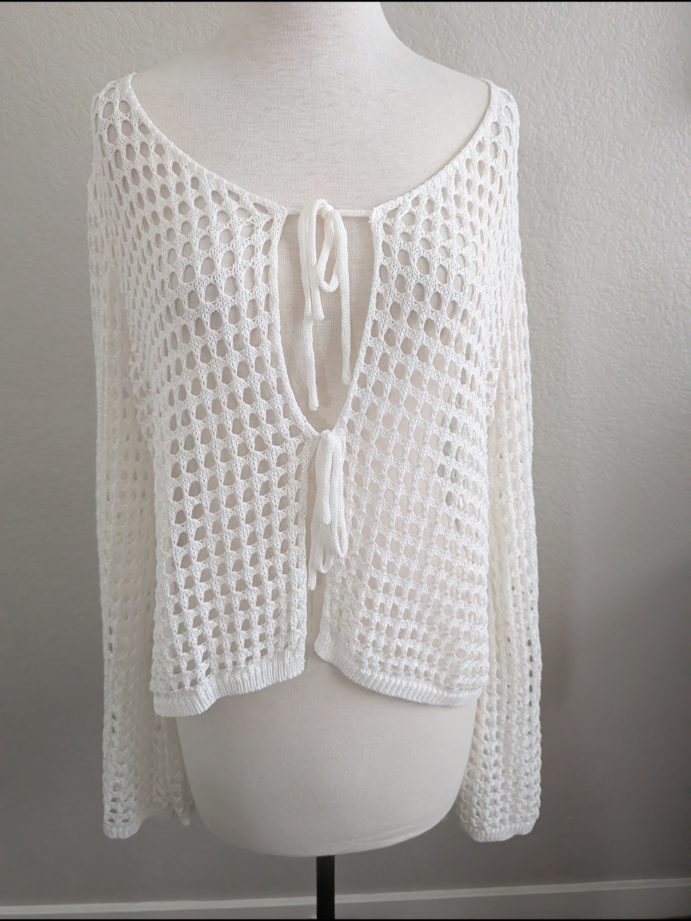 Open-Knit Tie-Front Cardigan Sweater - White